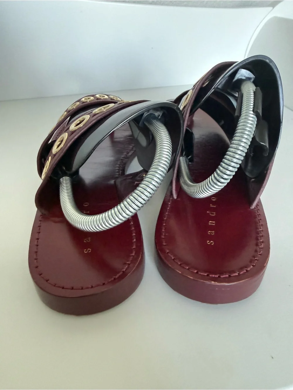 Sandro Burgundy Leather Grommet Gladiator Sandals EU40 US 9 Gold Stud Flat Slide
